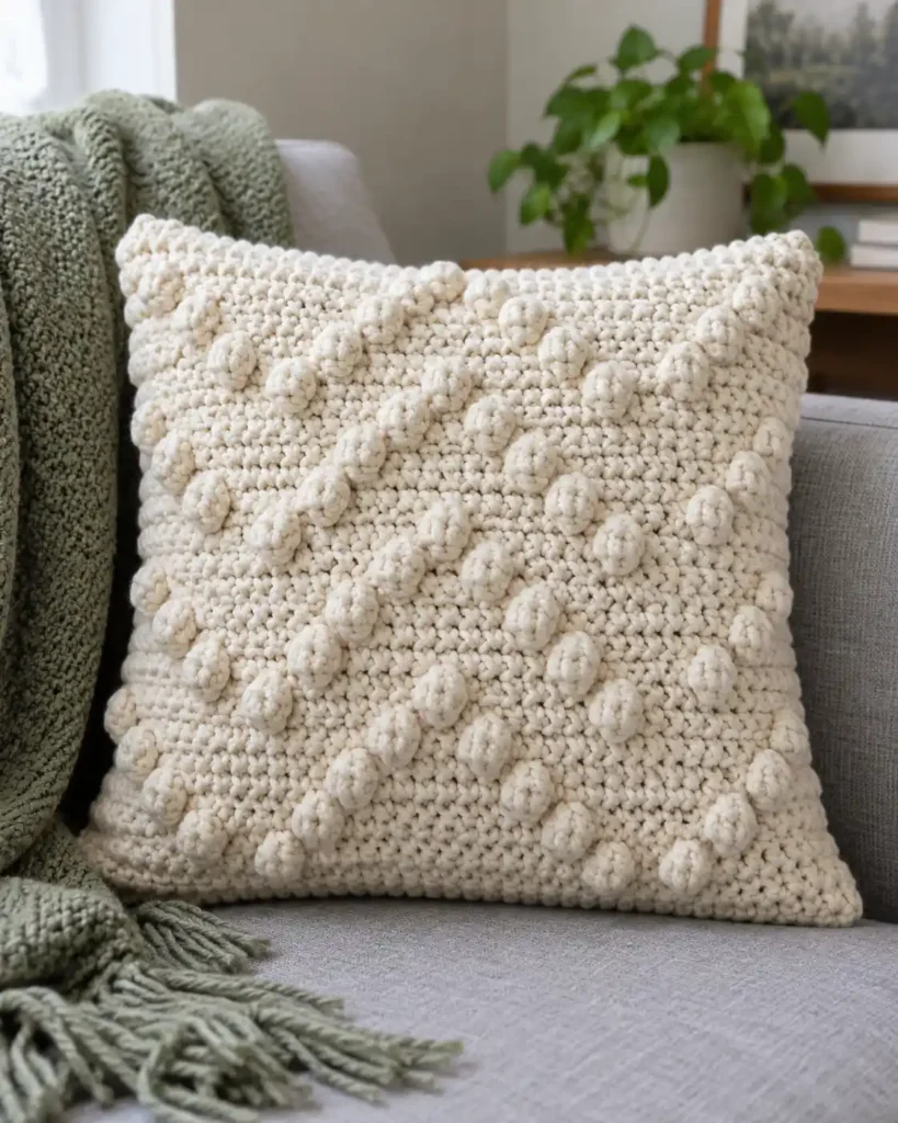 Bobble Stitch Tote Bag shown as a structured handmade crochet tote with bold raised bobble panels and sturdy handles.