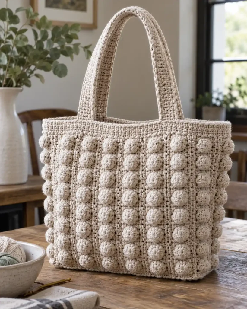 Bobble Stitch Pouch & Makeup Bag shown as a small zippered crochet makeup pouch with neat rows of raised bobbles.