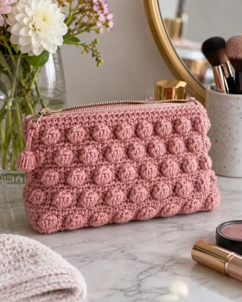 Bobble Stitch Purse shown as a compact crossbody crochet purse with a textured bobble front and simple strap.
