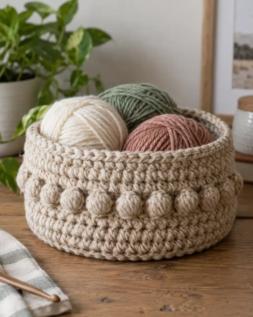 Bobble Stitch Potholder or Hot Pad shown as a thick cotton crochet hot pad with dense bobble texture beside a wooden spoon.