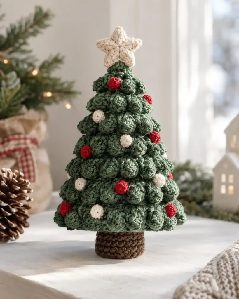 Bobble Stitch Christmas Tree shown as a handmade green crochet Christmas tree with raised bobbles suggesting tiny ornaments.