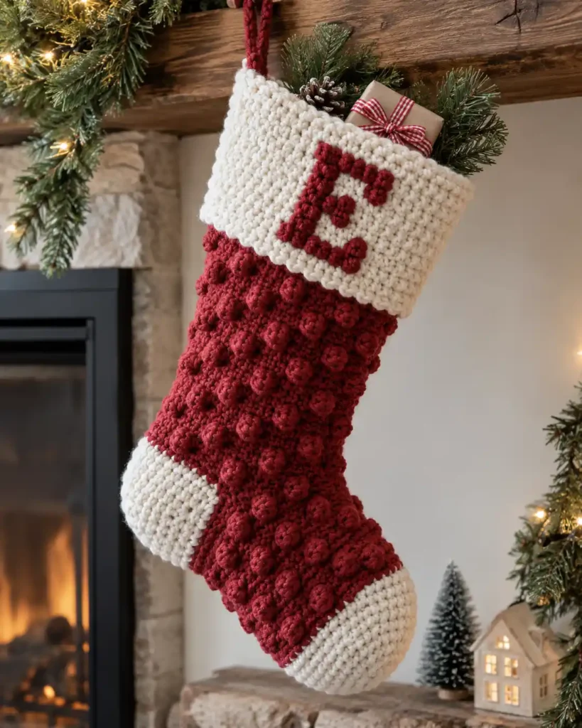 Bobble Stitch Christmas Stocking shown as a handmade crochet Christmas stocking with bobble texture and a simple raised initial.