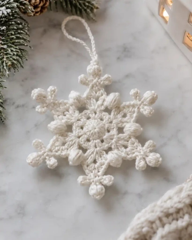 Bobble Stitch Snowflake shown as a delicate crochet snowflake ornament with small raised bobble details on a clean winter surface.