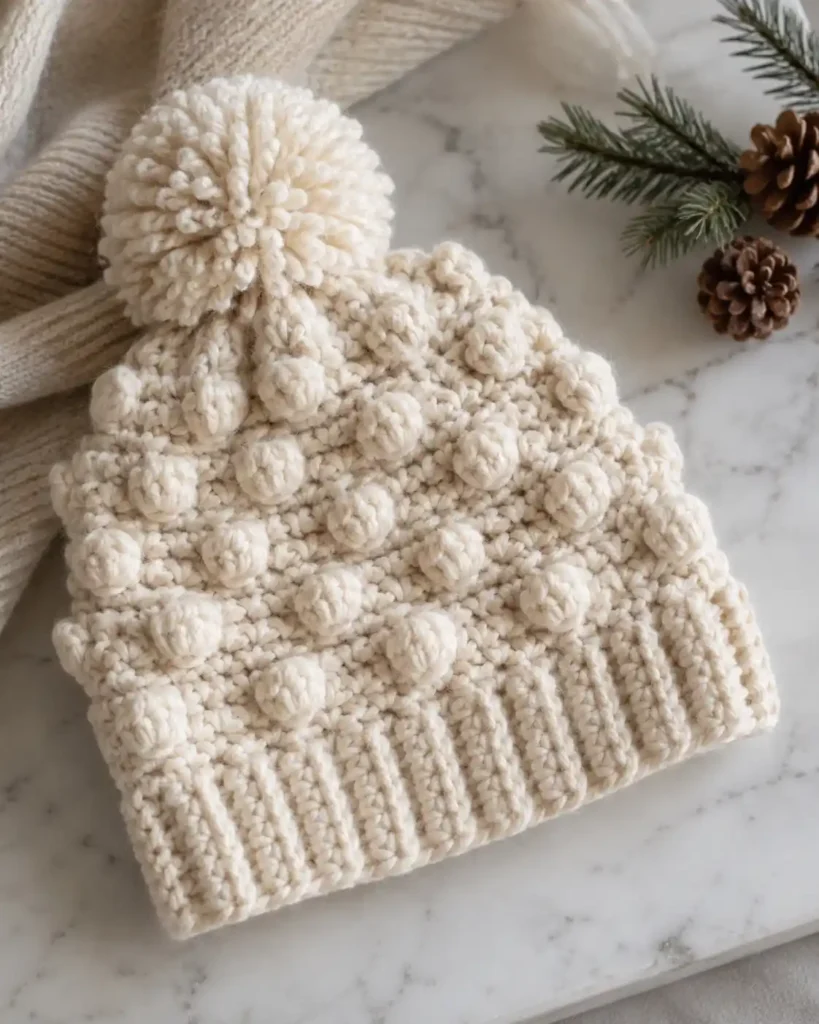 Bobble Stitch Hat & Beanie shown as a cozy crochet beanie with evenly spaced bobble texture and a simple ribbed brim.
