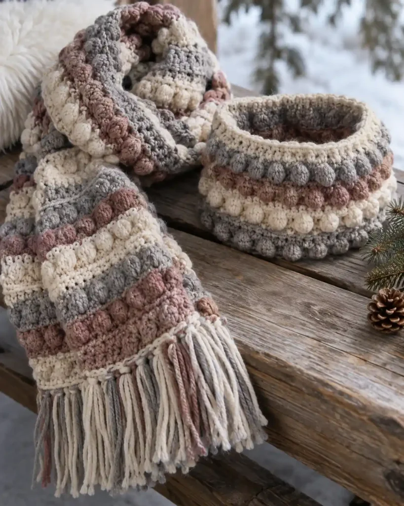 Bobble Stitch Scarf & Cowl shown as a soft crochet scarf and compact cowl with raised bobble rows styled for winter.
