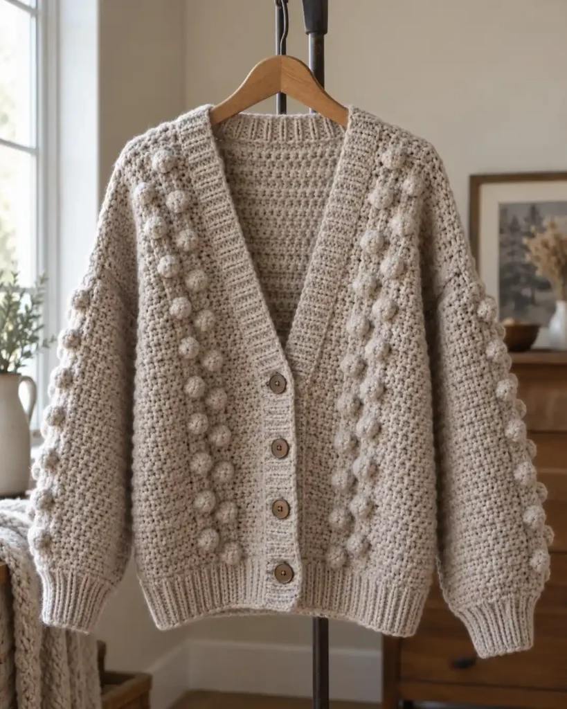 Bobble Stitch Cardigan & Sweater shown as an adult crochet cardigan with tasteful bobble details on sleeves and front panels.