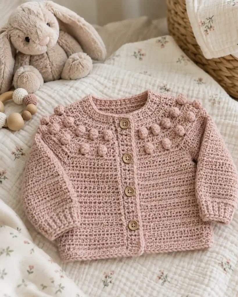 Bobble Stitch Baby Cardigan shown as a soft baby crochet cardigan with small bobble accents across the yoke.