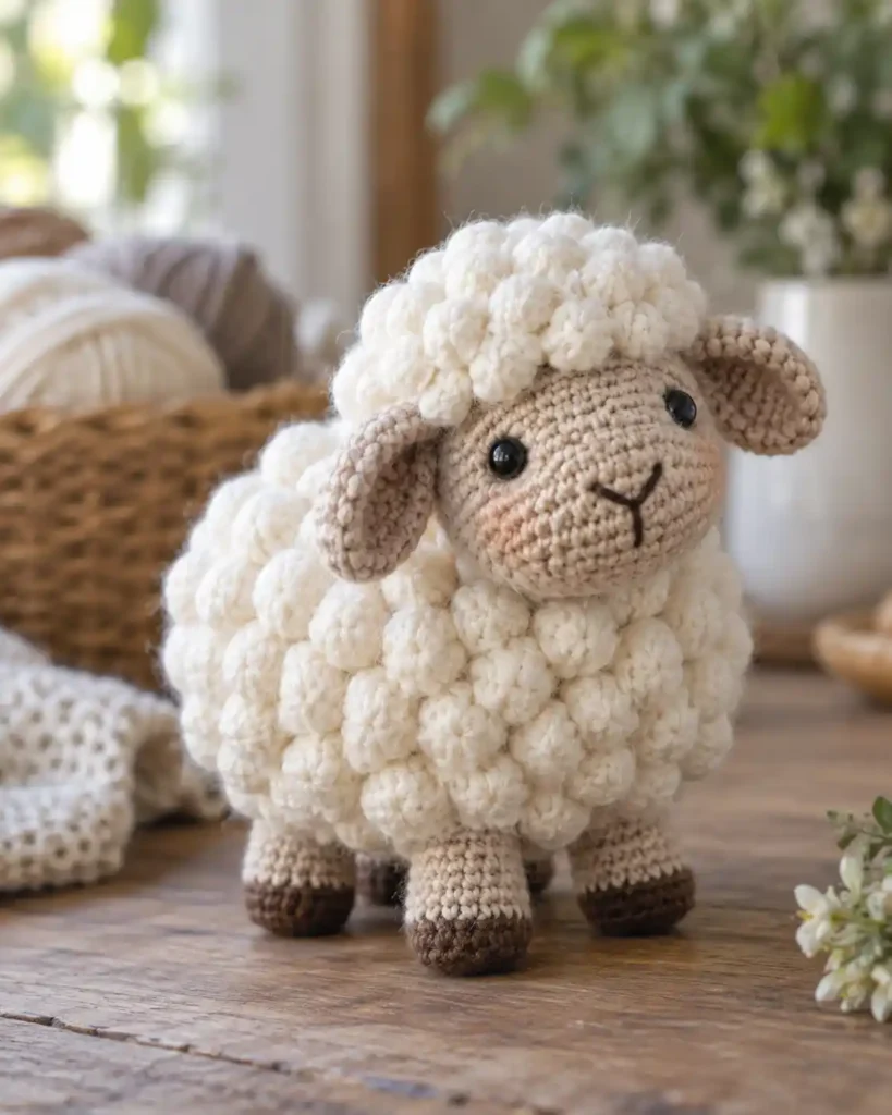Bobble Stitch Sheep & Amigurumi shown as a cute crochet sheep amigurumi with fluffy bobble-textured fleece.