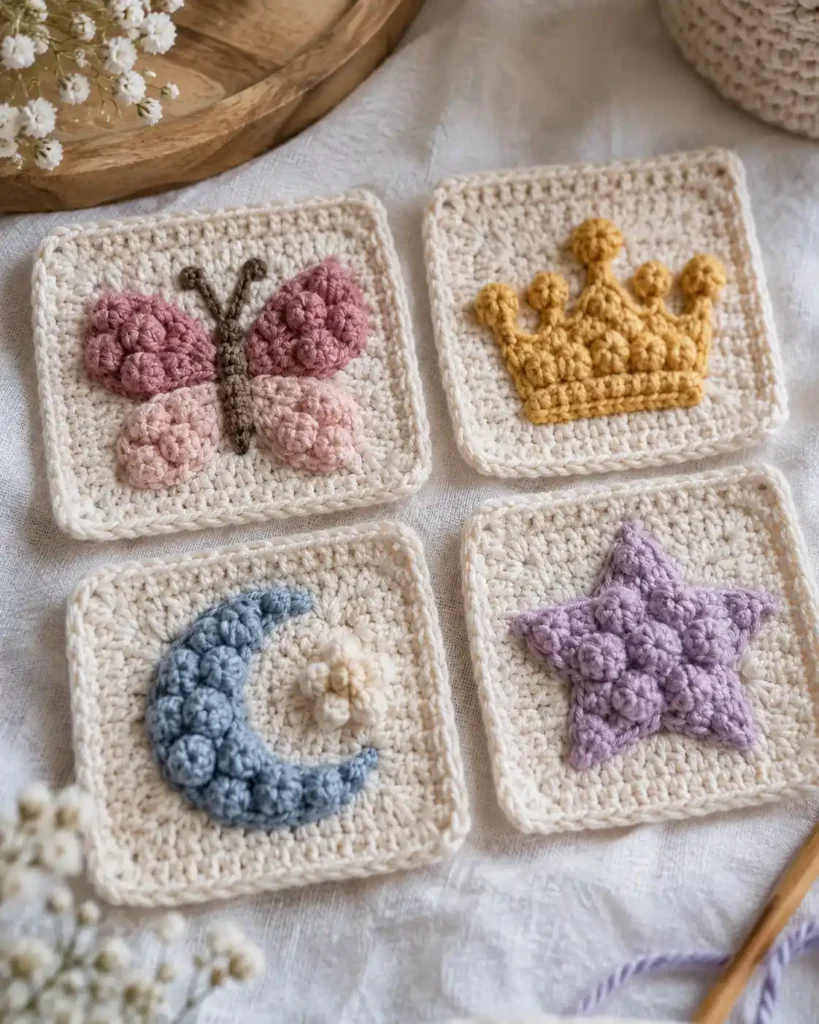 Bobble Stitch Butterfly & Small Motifs shown as small crochet motif panels showing a butterfly, crown, moon and star with raised bobble details.