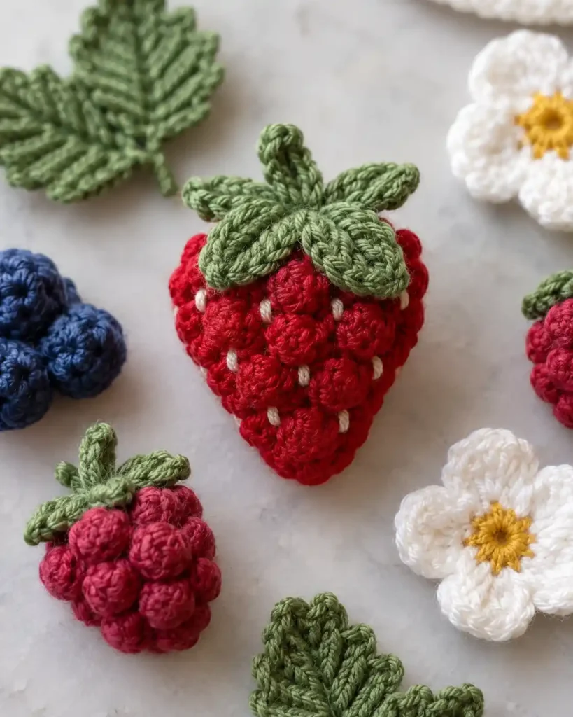 Bobble Stitch Strawberry & Berry Motifs shown as a playful crochet strawberry motif with raised bobble texture and small green leaves.