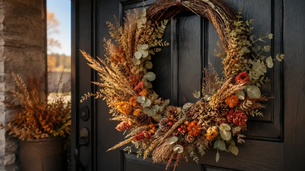 DIY fall wreath with dried flowers as a beautiful fall craft for adults.