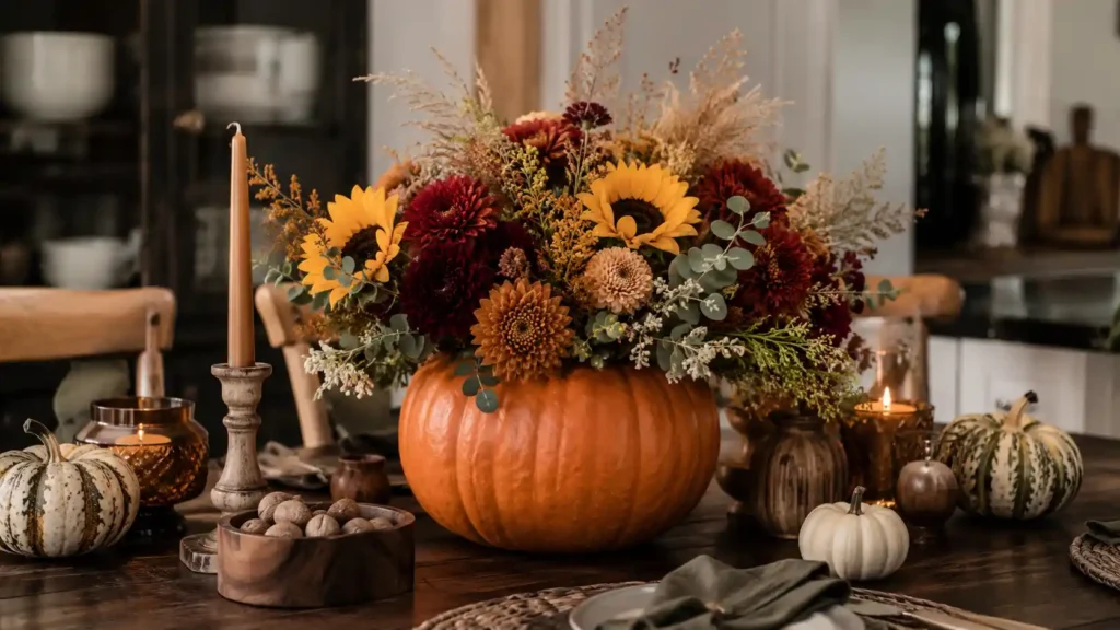 DIY pumpkin flower arrangement as an elegant fall craft for adults.