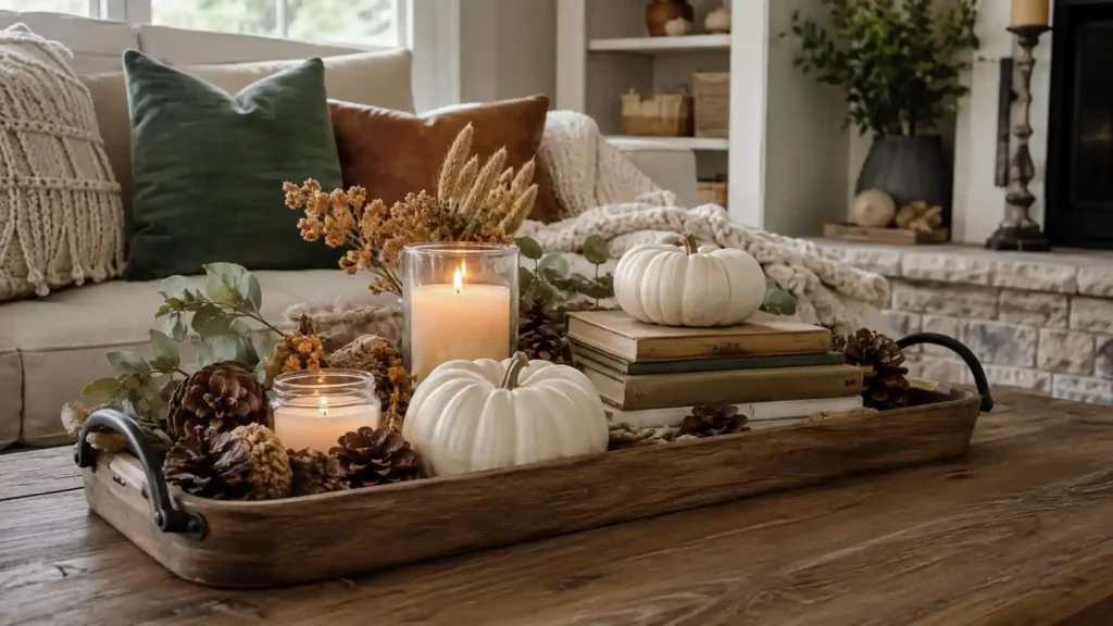 Rustic farmhouse fall tray decor created as an autumn craft idea for adults.