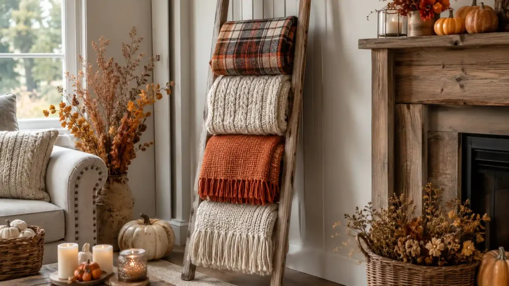 DIY fall blanket ladder decor with cozy autumn textiles for adults.