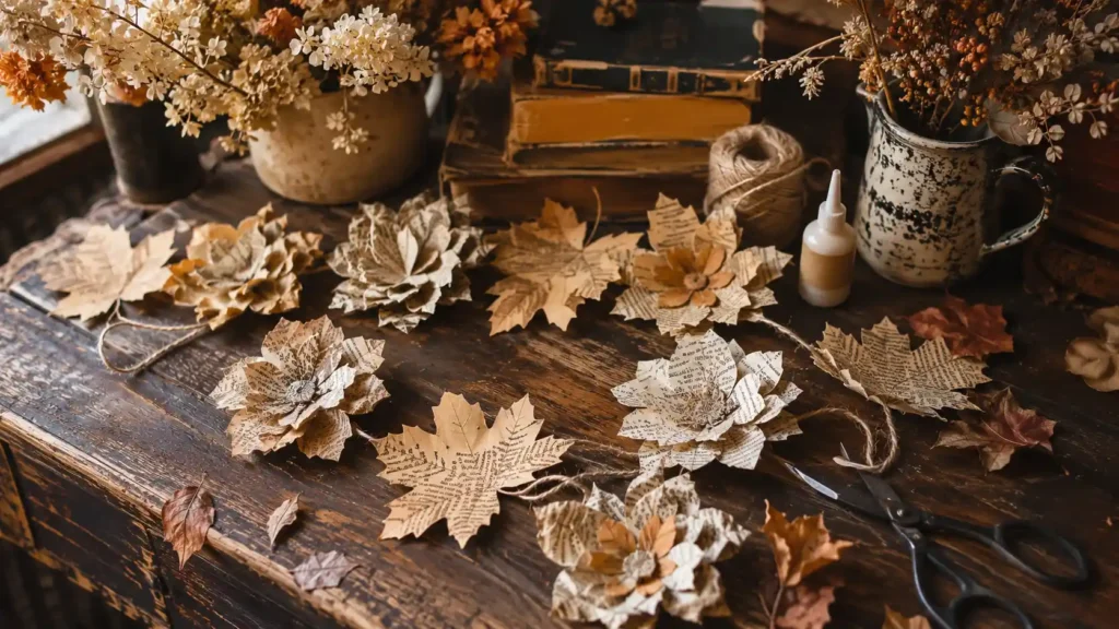 Fall book page crafts creating vintage autumn decorations.