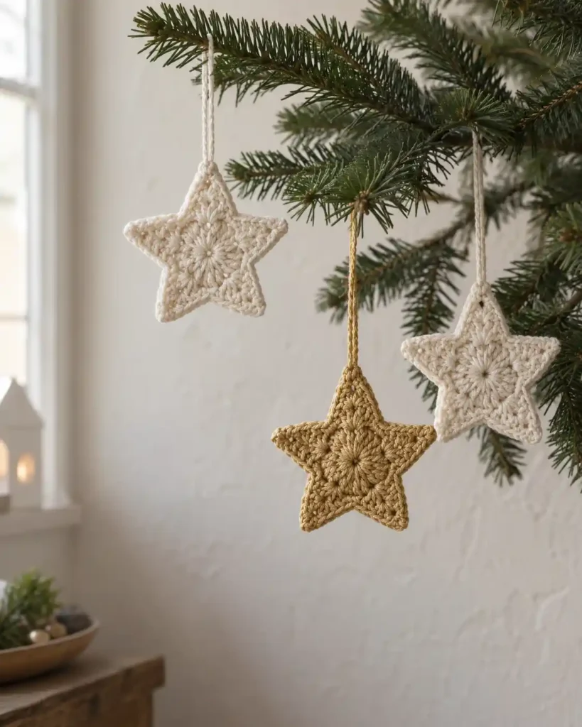 Three flat five-point crochet stars in cream and muted gold, hanging at different heights on a fir branch against a pale plaster wall.