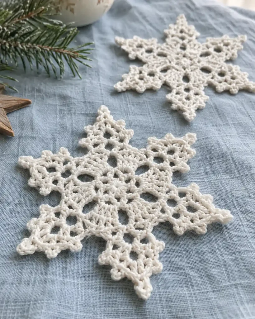 Two intricate white six-point crochet snowflakes lying flat on a pale blue linen cloth, one close enough to show its lace openings.