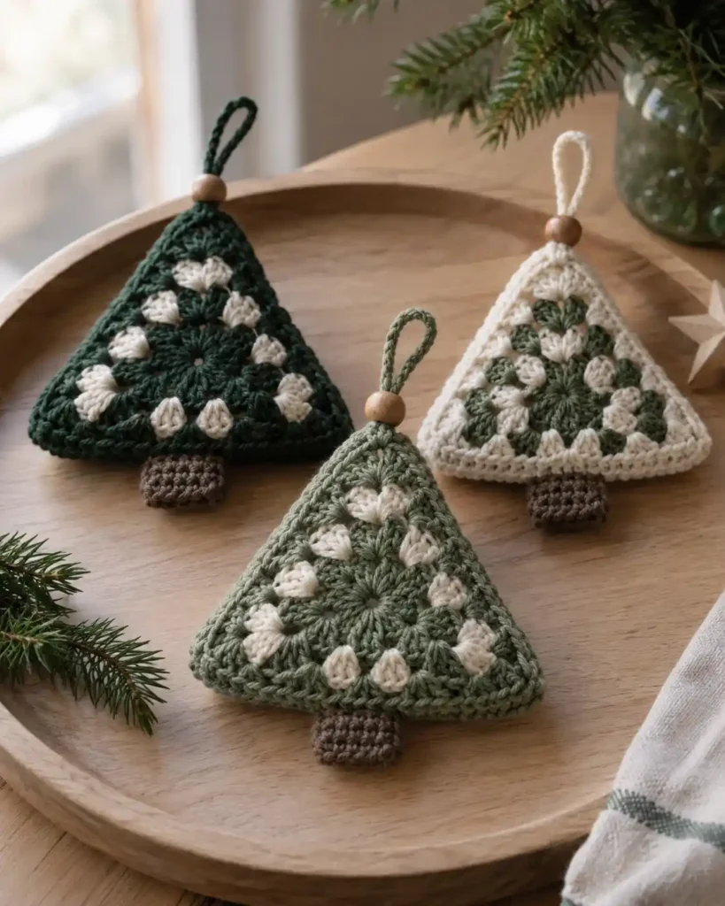 Three triangular folded granny-square crochet tree ornaments in forest green, sage and ivory arranged on a light wood tray.