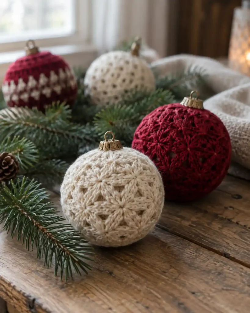 Ivory and berry-red crochet-covered spherical baubles nestled among sparse fir tips on an unpainted wooden table.