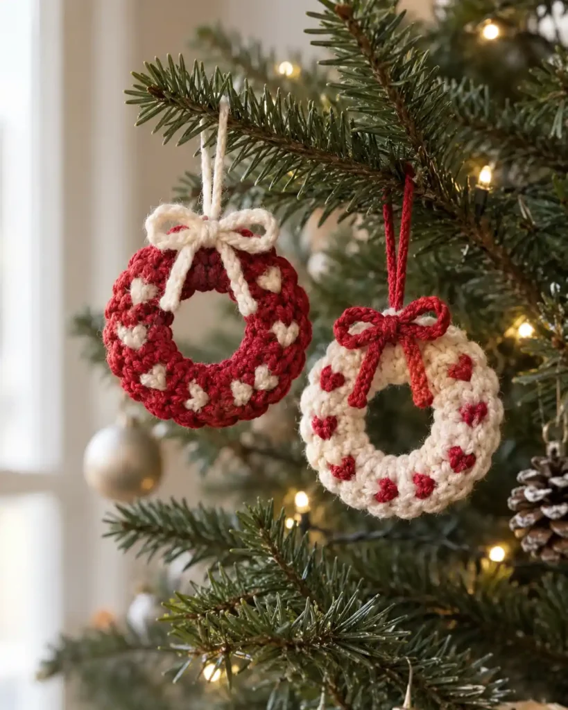 Two palm-sized red-and-ivory crochet wreath ornaments with tiny yarn bows hanging on a Christmas tree branch.