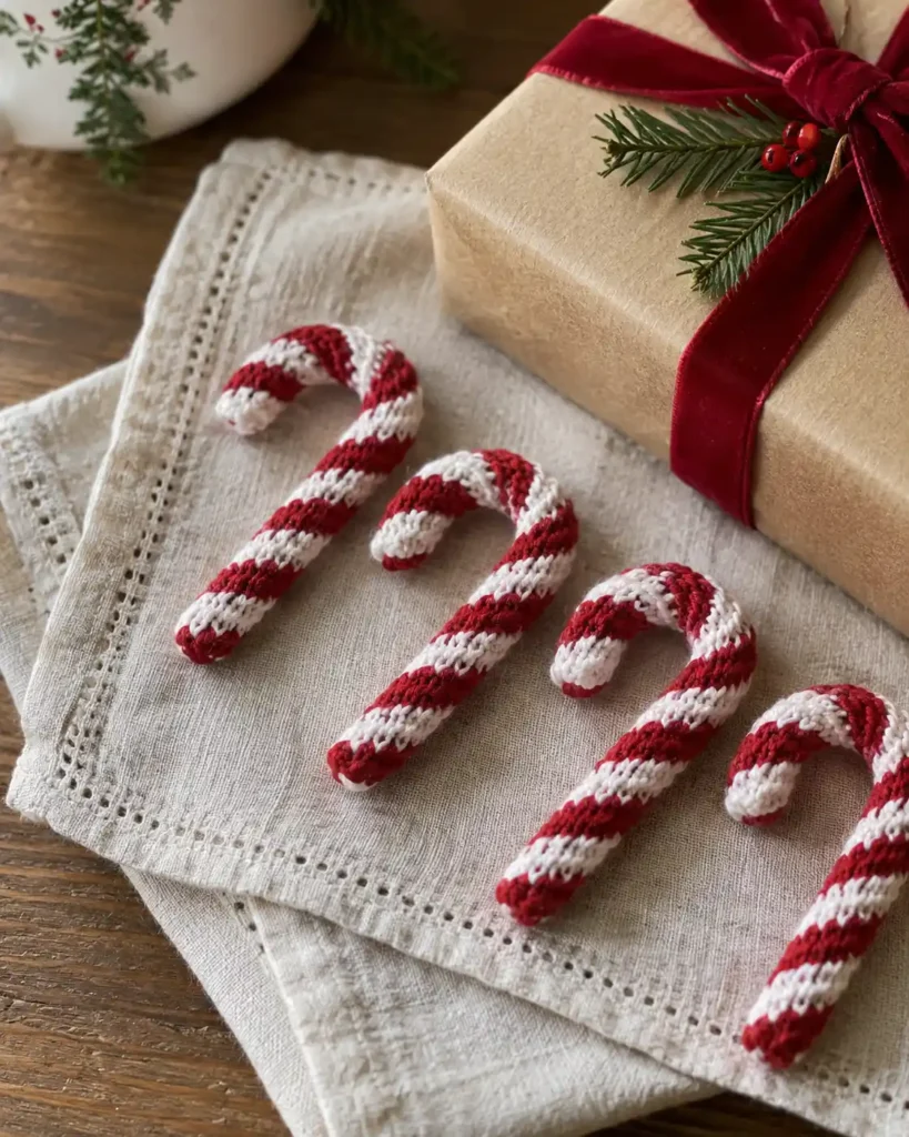 Four small striped red-and-white crochet candy canes placed diagonally on a cream linen napkin beside one wrapped gift.