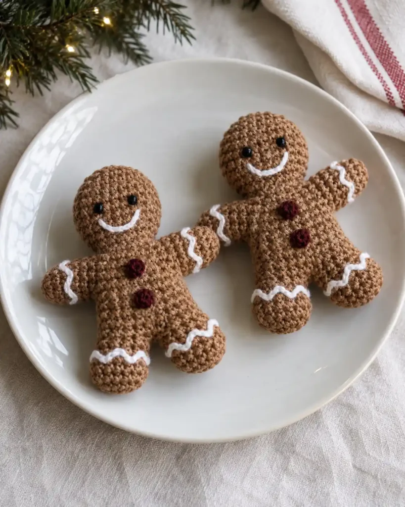 Two caramel crochet gingerbread people with white embroidered icing and burgundy stitched buttons resting on a white ceramic plate.