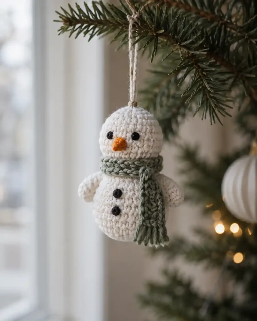 A white crochet snowman ornament with a sage scarf, charcoal stitched eyes and a small orange yarn nose suspended from a fir branch.