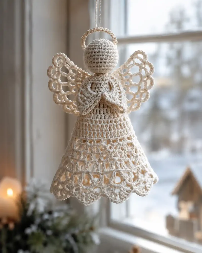 An ivory crochet angel with an openwork bell-shaped skirt, rounded head and symmetrical lace wings hanging in front of a softly lit window.