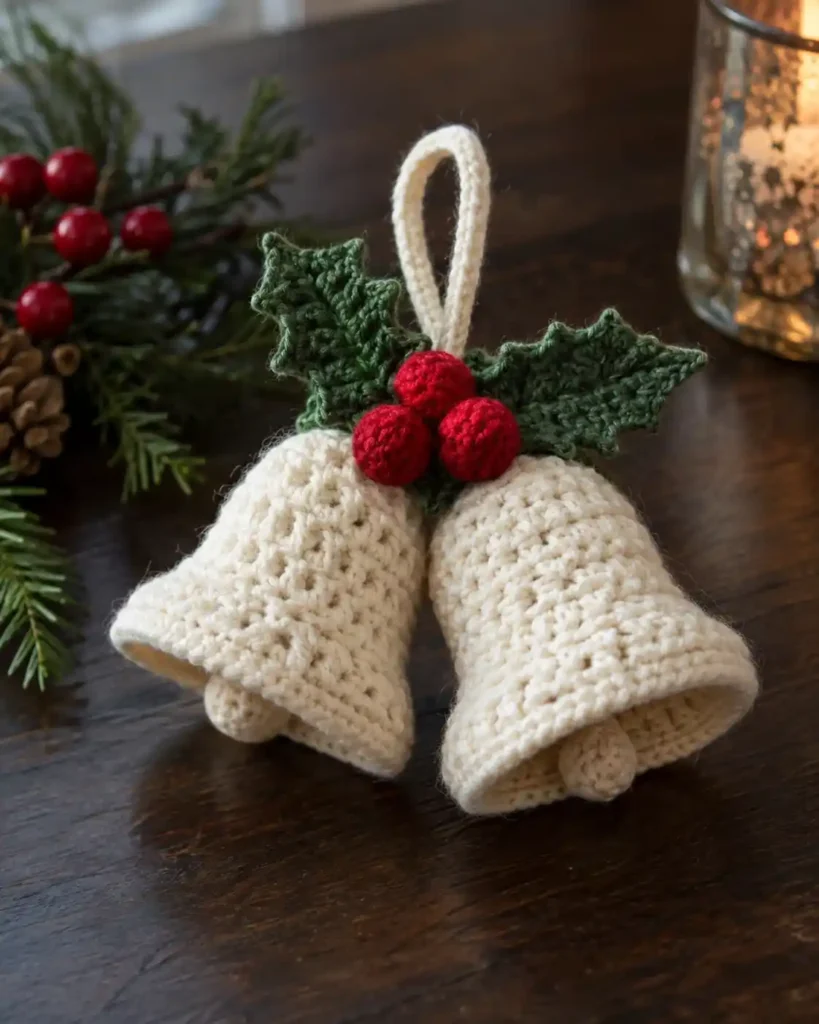 A pair of ivory crochet bell ornaments with green crocheted holly leaves and red yarn berries on a dark wooden tabletop.