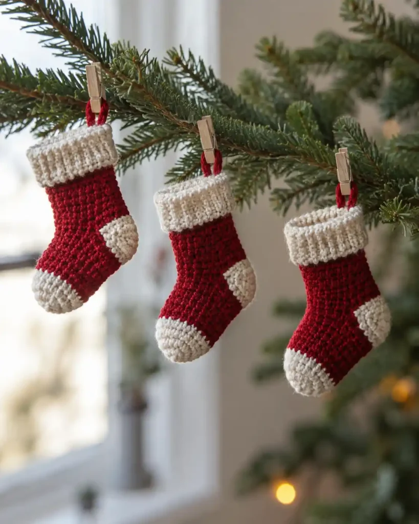 Three miniature red and cream crochet stockings clipped to a fir branch with their tiny heels and ribbed cuffs clearly visible.