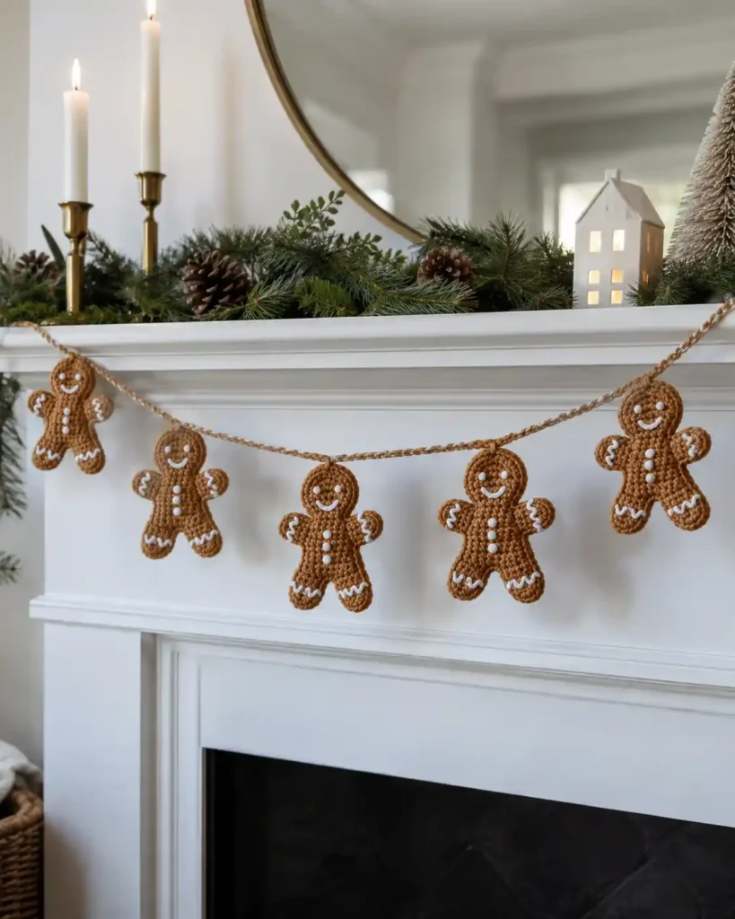 A crochet gingerbread garland with five caramel cookie figures and white embroidered icing draped across a simple white mantel.