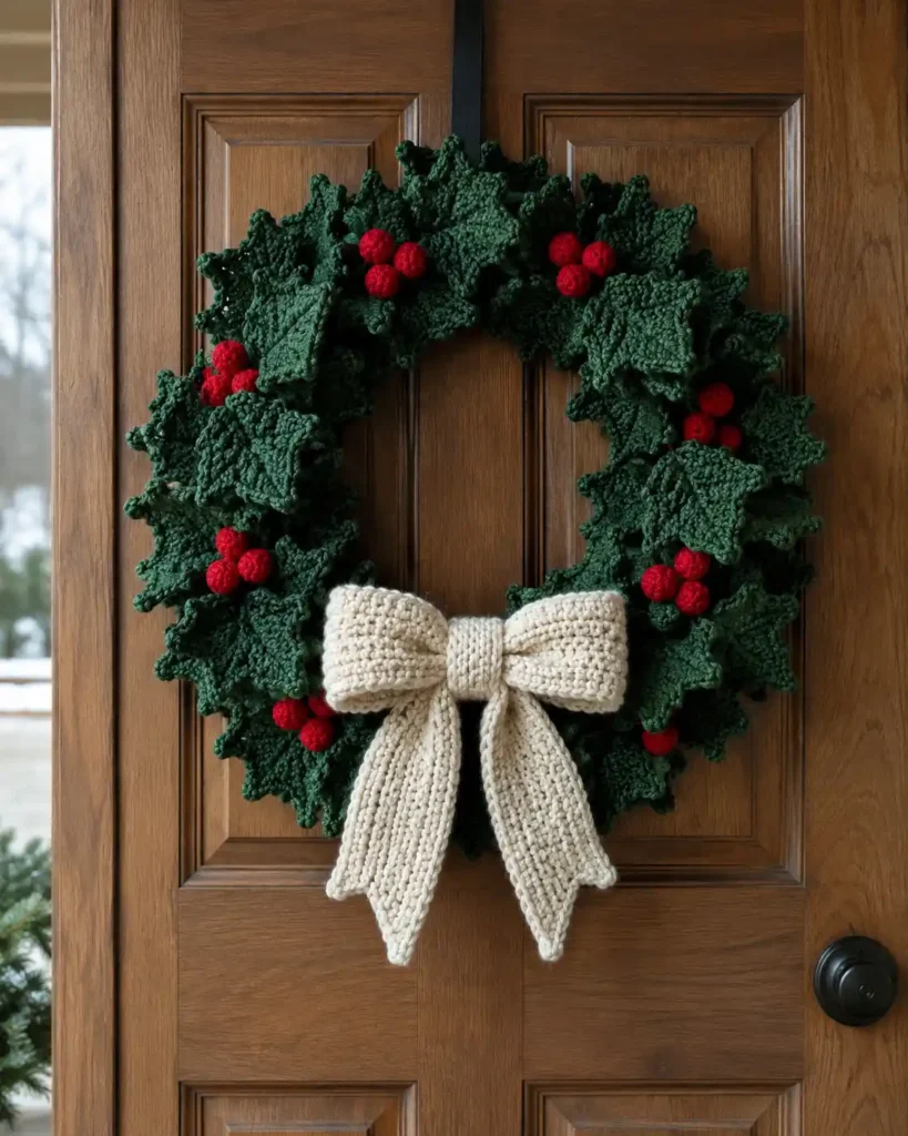 A garland of red, mustard, blue and green crochet vintage-style light bulbs draped in a shallow curve across a pale wall, no electric lights.