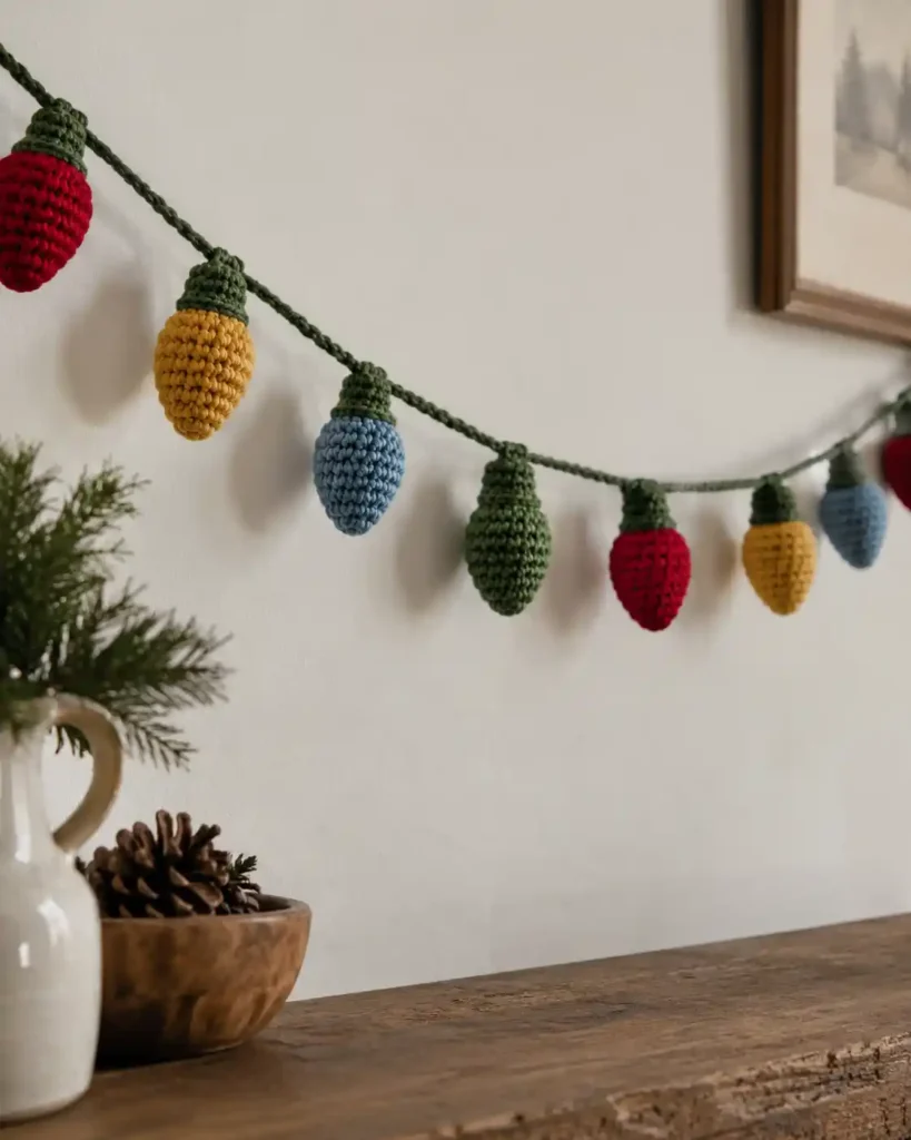 A delicate green crochet holly garland with red yarn berry clusters framing the corner of a round mirror on a cream wall.
