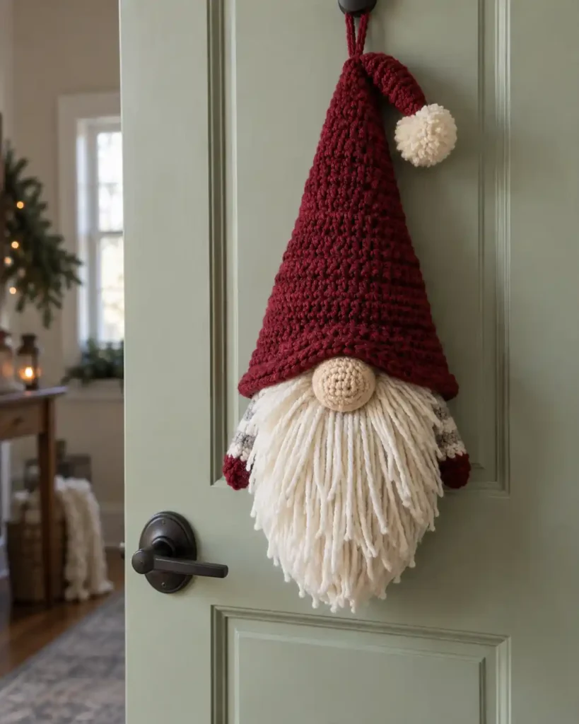 A crochet gnome door hanger with a tall burgundy hat, beige round nose and cream yarn beard hanging on a pale sage interior door.