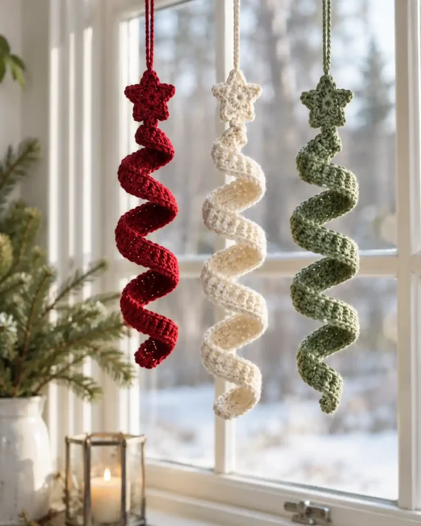 Three red, ivory and sage crochet spiral hangers with small star toppers suspended in a bright window, visible curled strips and no beads.