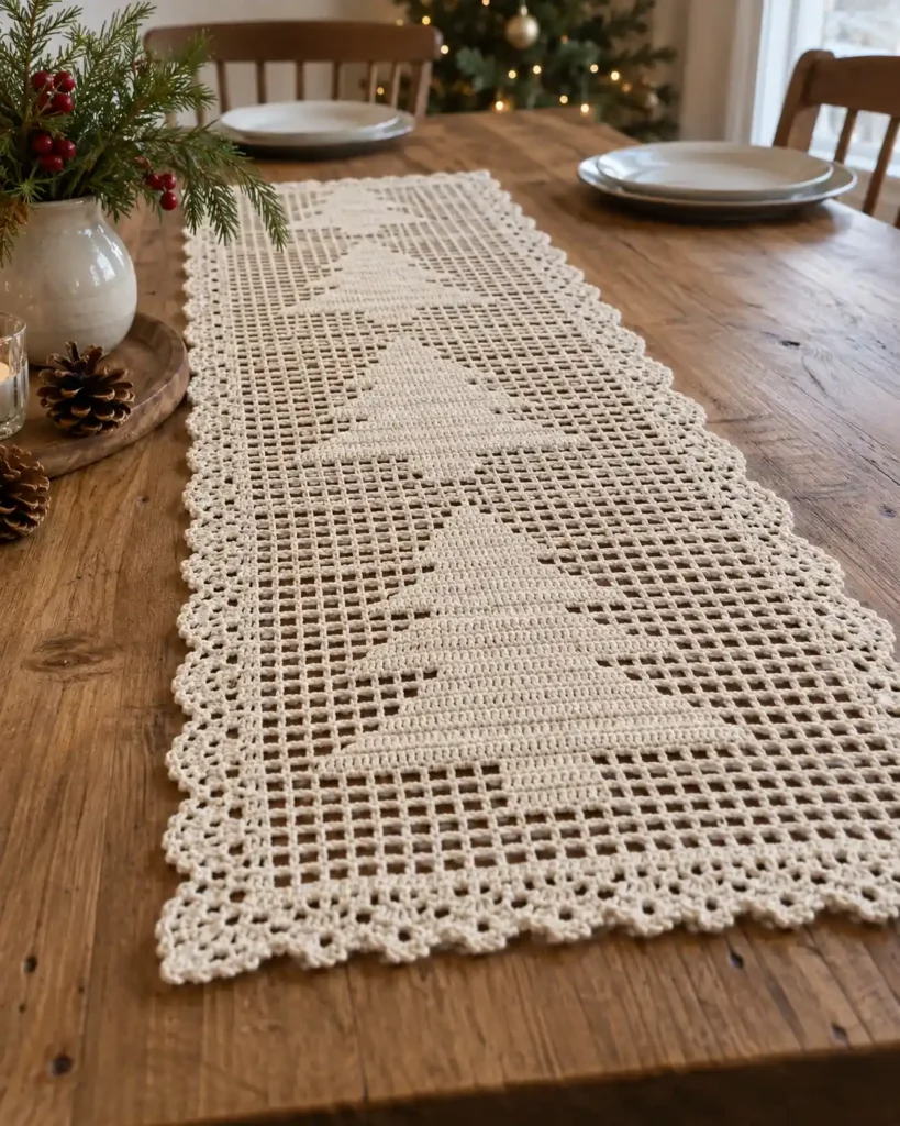An ivory filet crochet table runner with repeating tree silhouettes across a natural oak dining table, two plain plates at the far edge.