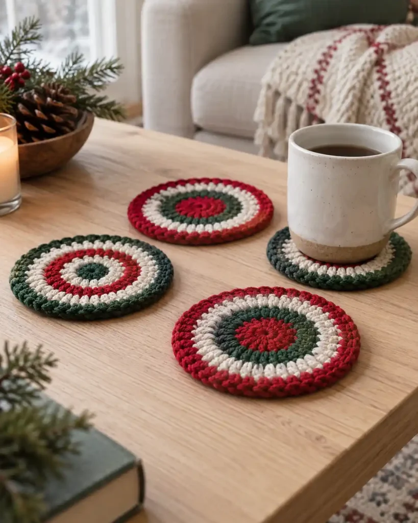 A set of four flat round red, green and ivory striped crochet coasters on a pale wood coffee table with one plain ceramic mug.