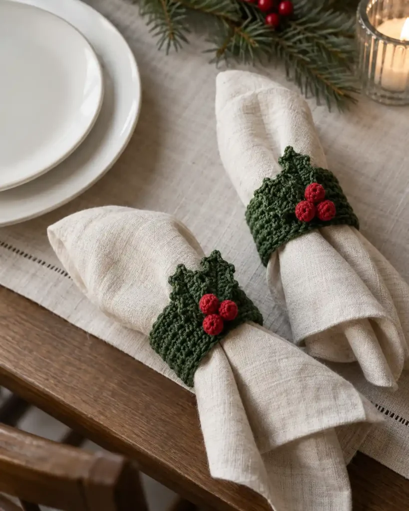 Two cream linen napkins held by green crochet bands with holly leaves and small red yarn berries beside plain white dinner plates.
