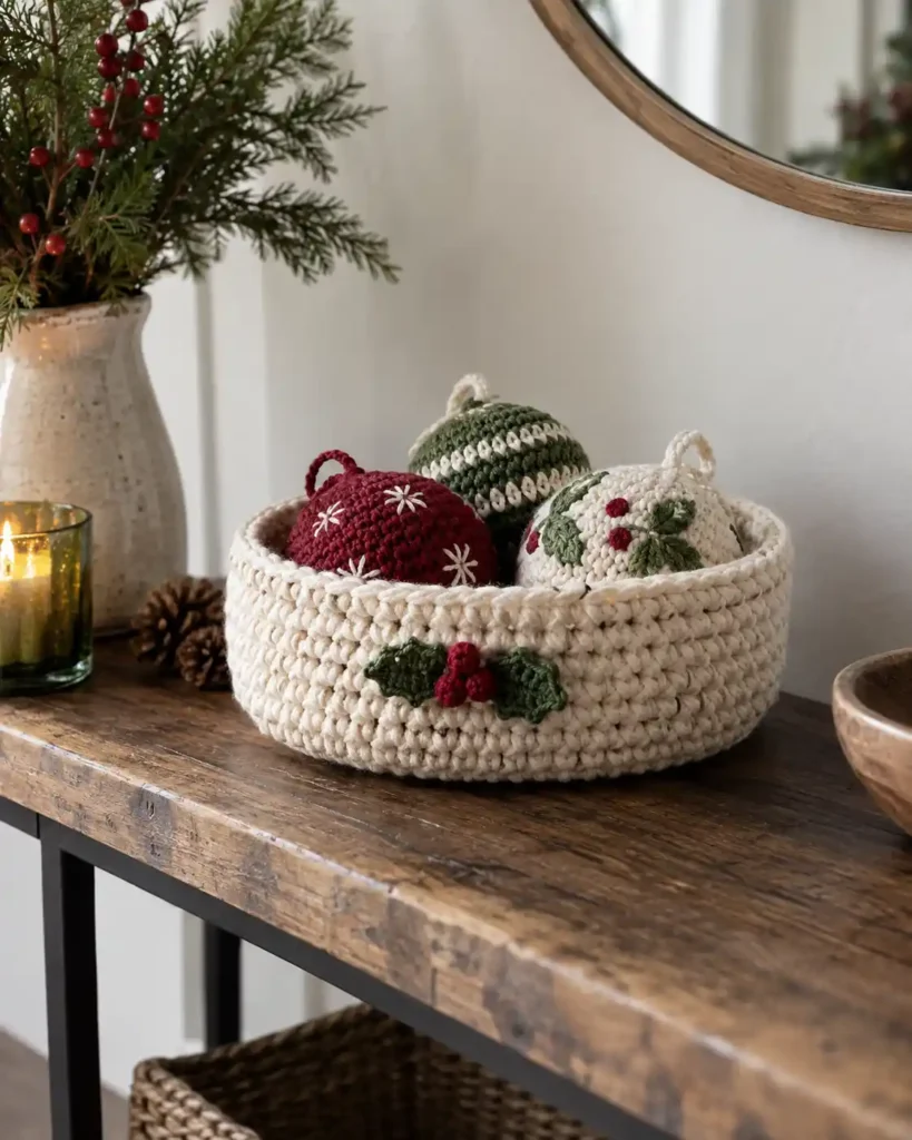 A shallow natural-cotton crochet basket with a small holly applique holding three crochet baubles on a narrow console table.