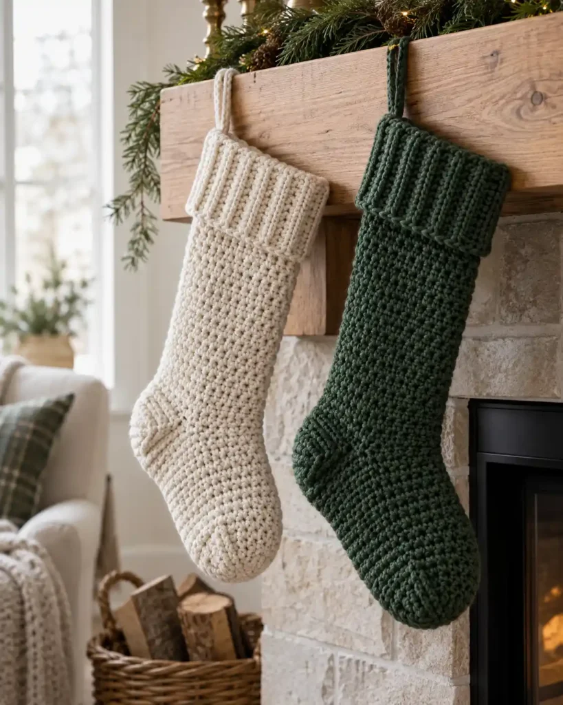 Two full-size cream and forest-green crochet Christmas stockings with ribbed cuffs hanging from a plain wooden mantel.