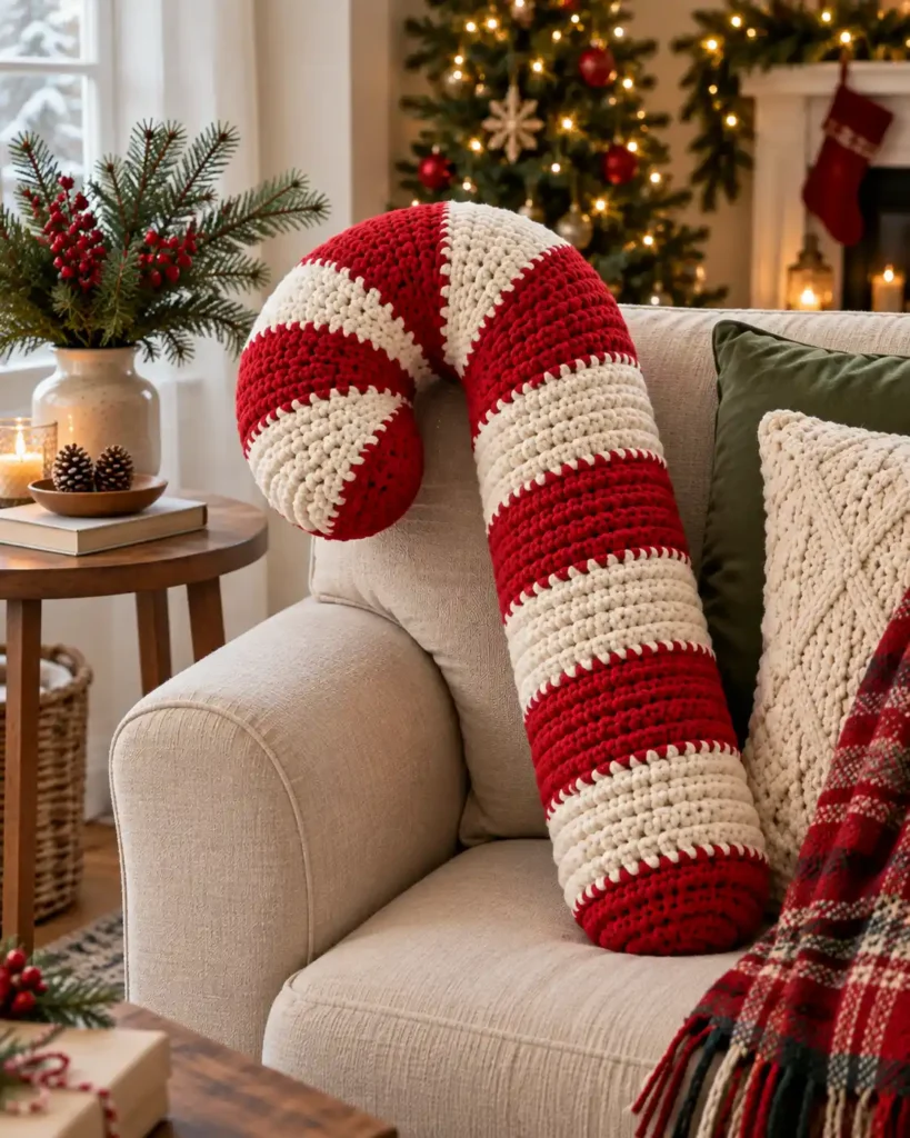 A large red and ivory striped crochet candy cane cushion on a neutral sofa with a small fir sprig on the side table.