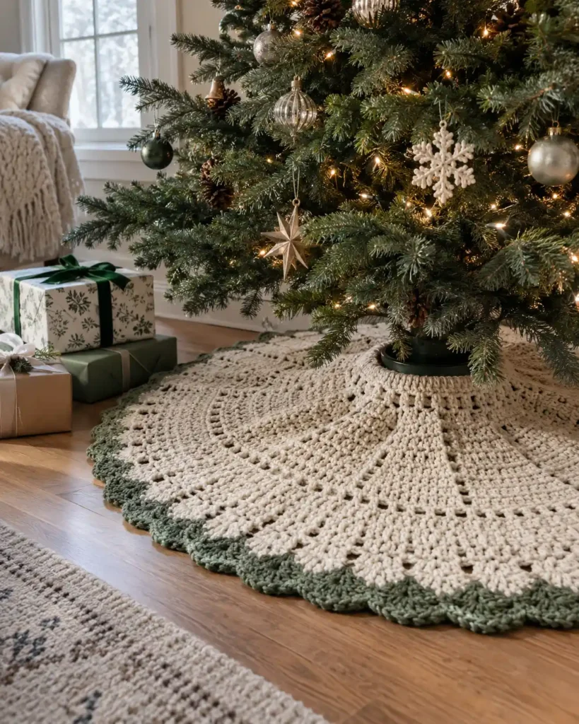 A circular ivory crochet Christmas tree skirt with a muted green border spread evenly around the base of a decorated tree, gift boxes off to one side.