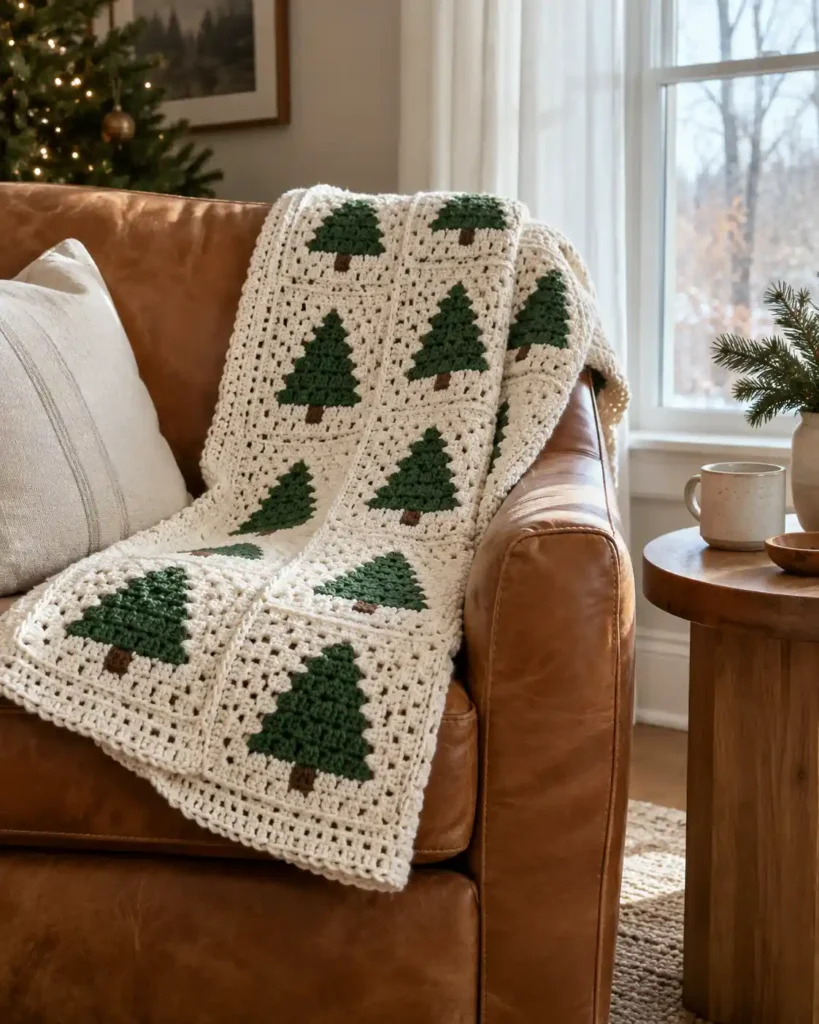 A cream crochet granny-square throw with green tree motifs folded over a caramel armchair beside a plain side table.
