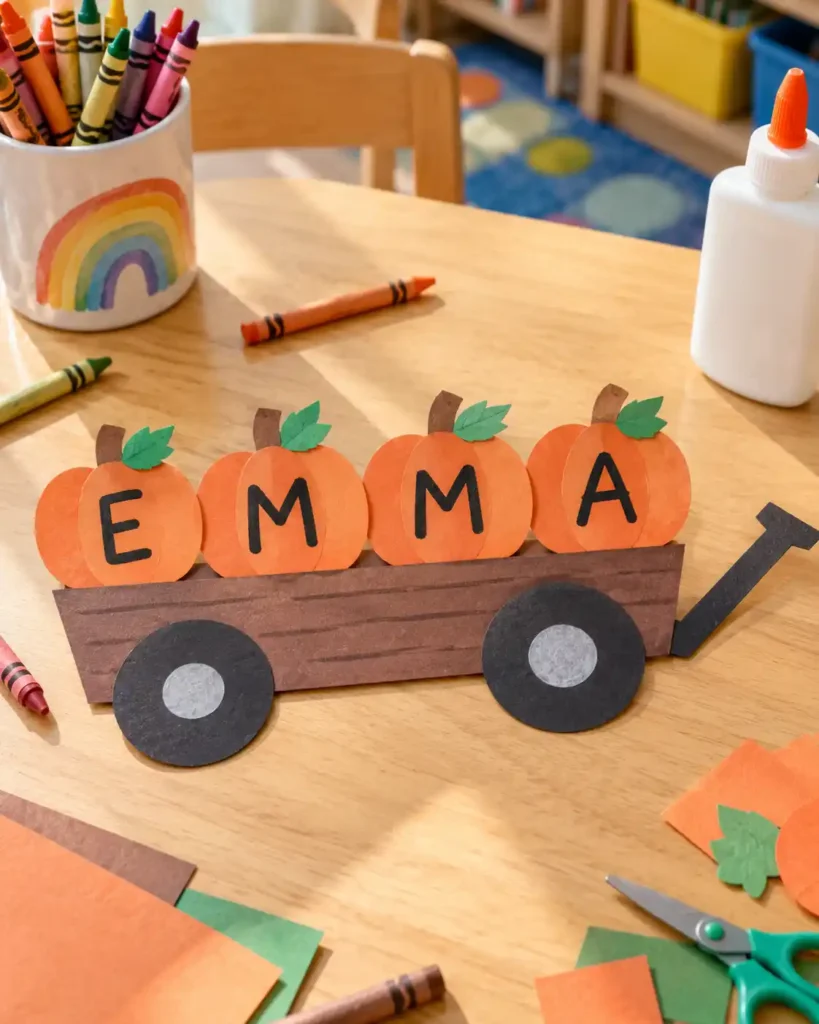 A pumpkin wagon name craft with individual paper pumpkins spelling a sample first name