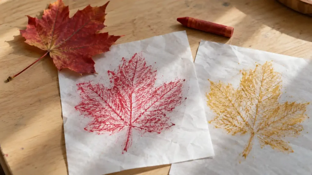 Two red and golden crayon leaf rubbings on thin white paper, one clean maple leaf beside a chunky crayon.