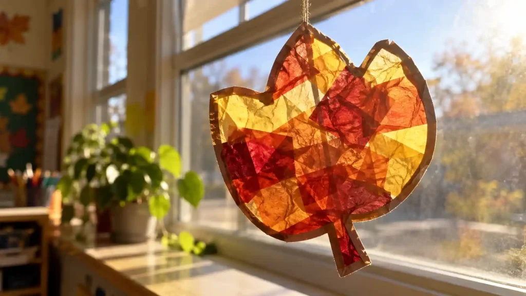 A translucent leaf-shaped suncatcher filled with overlapping amber, red and yellow tissue squares.