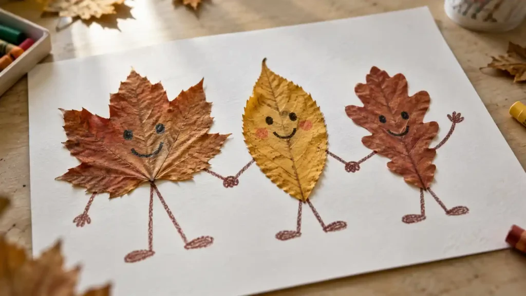 Three playful leaf people on white cardstock with real leaf bodies and hand-drawn crayon limbs and faces.