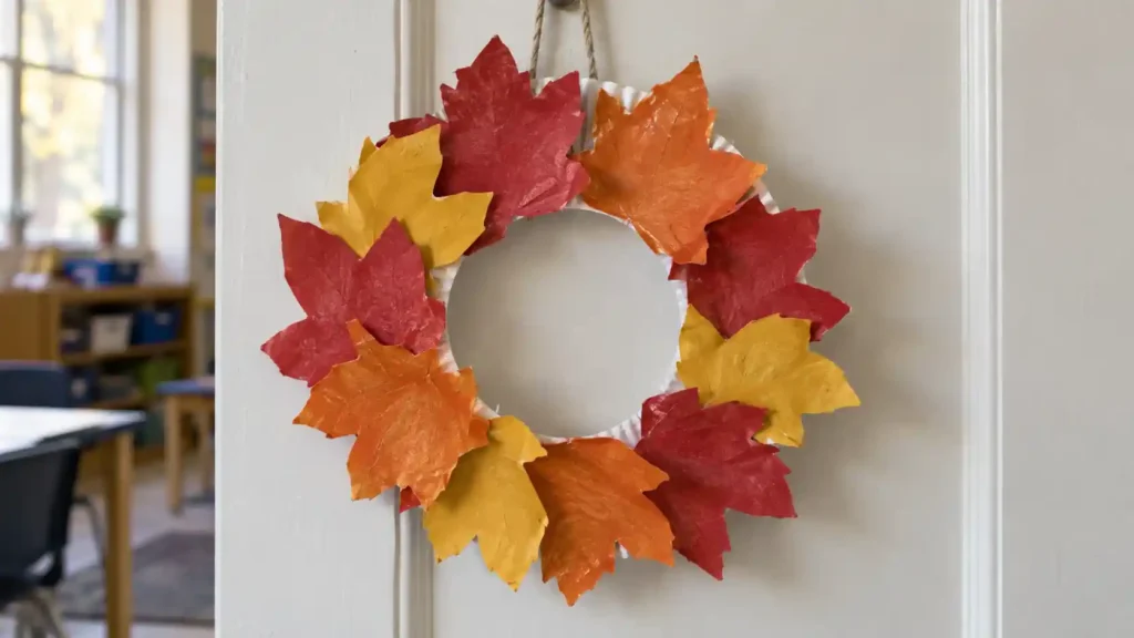 A child-made wreath of overlapping large red, mustard and burnt-orange paper leaves on a paper plate ring.