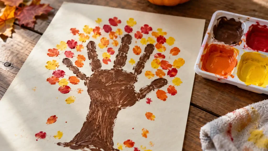 A brown handprint tree trunk with scattered red, orange and yellow fingertip leaves on cream paper.