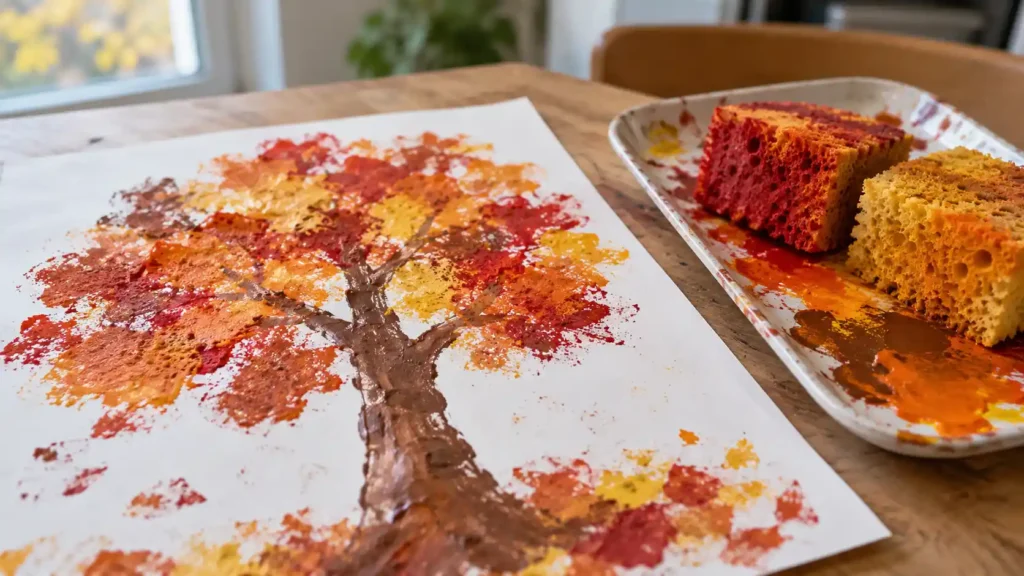 An autumn tree painting with textured red, ochre and orange sponge-printed foliage and a brown trunk.